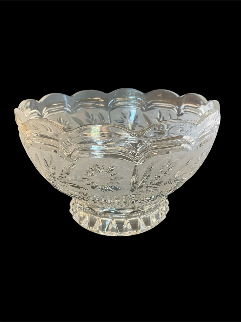 Vintage Zajecar Leaded Crystal Fruit Bowl Etched Sunflower and Wheat Scalloped